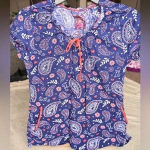 Red, White, & Blue Paisley Scrunched Scrub Top